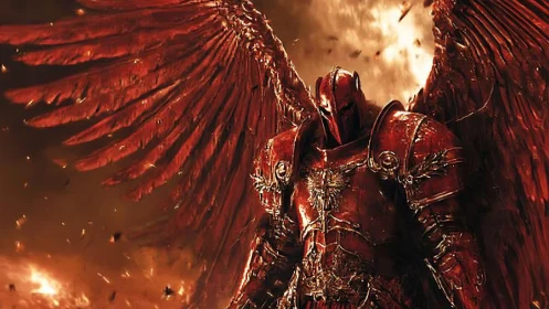 Armored crimson seraph emerges from infernal firestorm
