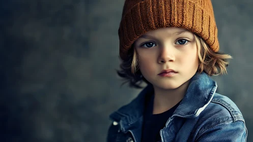 Child Portrait in Ochre Beanie and Denim Jacket