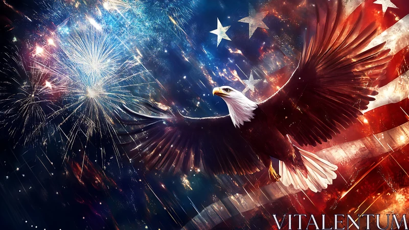 Bald eagle over US flag with fireworks in night sky.