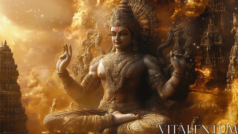 Divine golden deity seated amid celestial fire temples.
