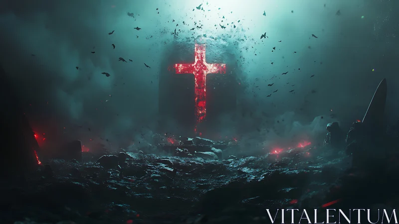 Luminous red cruciform monolith amid apocalyptic mist.