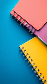 Photorealistic spiral notebooks on cyan minimal backdrop.