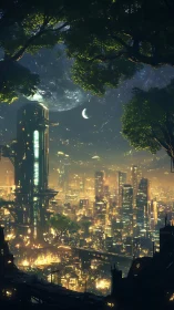 Futuristic cityscape shows dense towers under distant planets