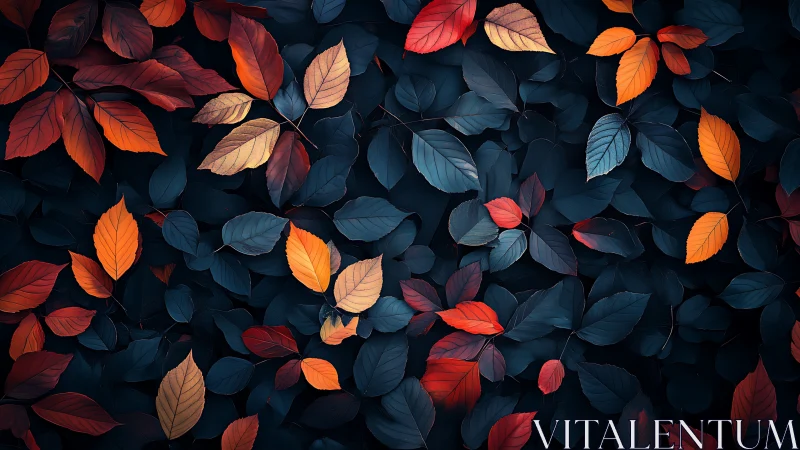 Chromatic autumn foliage arranged in high-contrast, low-key pattern