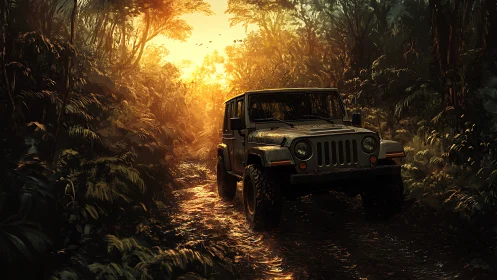 Off-road jeep enters dense jungle trail at golden sunset