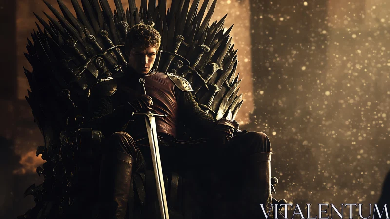 Brooding young monarch on a jagged iron throne of shadows.