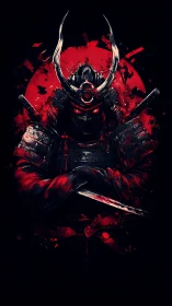 Armored samurai silhouette framed by high contrast red sun