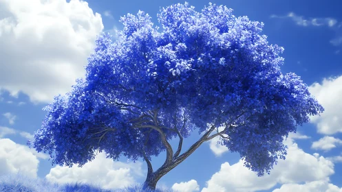 Vivid blue tree under bright sky with white clouds.