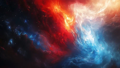 Cosmic fire and ice collide in a swirling nebula sky