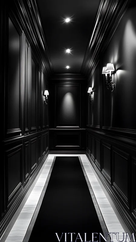 Narrow black hallway with lamps and recessed ceiling lights.