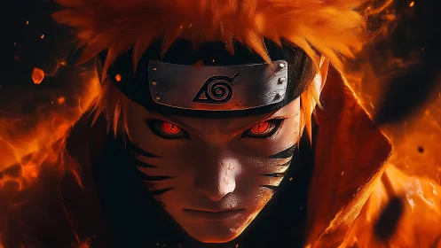 Fiery close-up depicts stylized anime warrior in headband