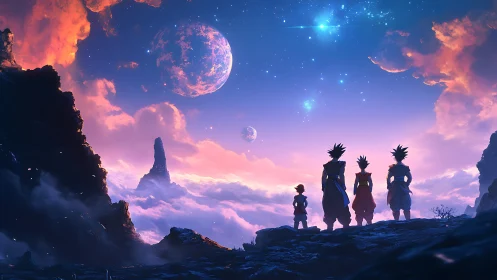 Silhouetted figures on rocky plateau under dual planets.