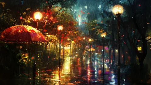 Rainy city walkway with umbrellas and glowing streetlamps.
