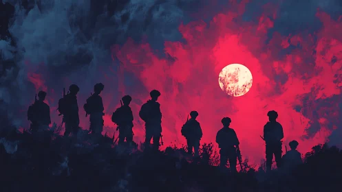 Silhouetted soldiers stand beneath a blood-red war moon.