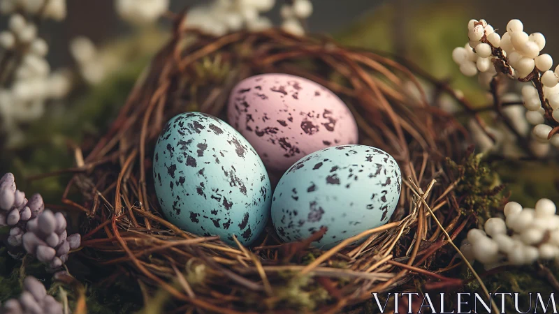 Speckled pastel eggs resting in a natural twig nest.