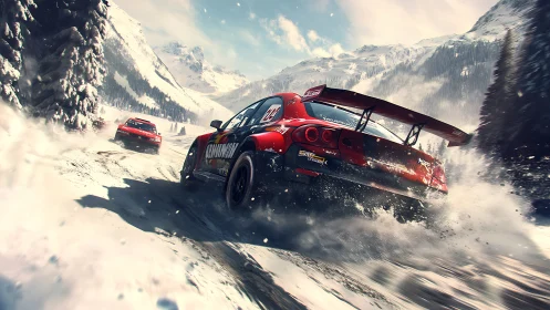 Thrilling red rally cars carving bold paths through snowy peaks.