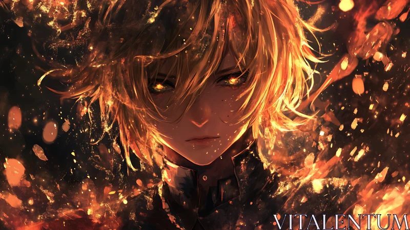 Firelit gaze of the golden warrior in swirling embers.