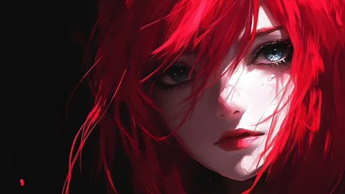 Close cropped portrait shows red haired character in shadow