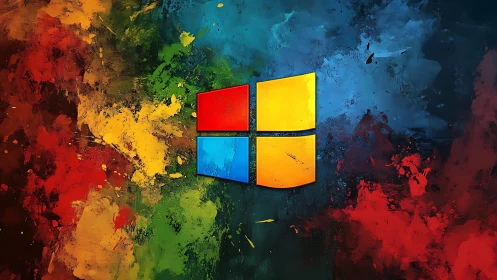 Windows logo floats over explosive abstract paint field.