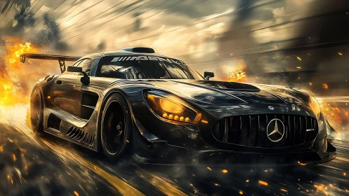 Black Mercedes race car cuts through flames at high speed