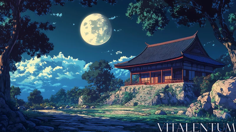 Full moon bathes hilltop Japanese temple in cool light