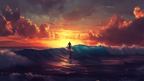 Solitary surfer rides glowing wave under blazing sunset sky