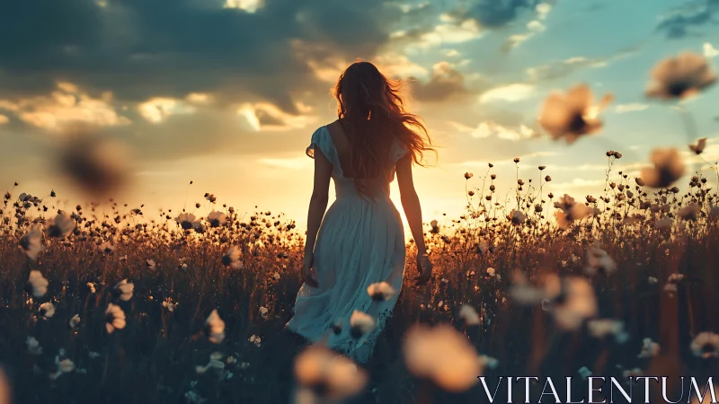 Backlit figure in floral meadow under cinematic sunset sky.