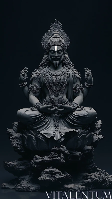 Serene multi-armed deity statue resting in quiet shadows.