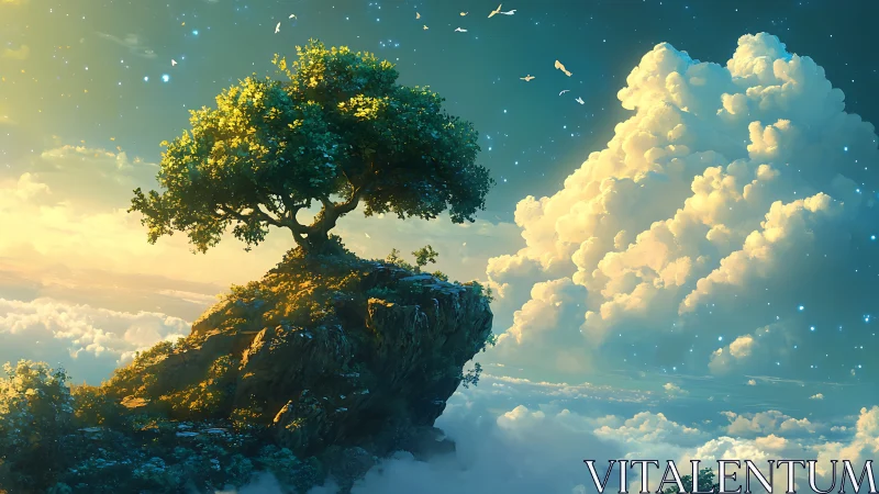 Solitary tree crowns floating island suspended above clouds.