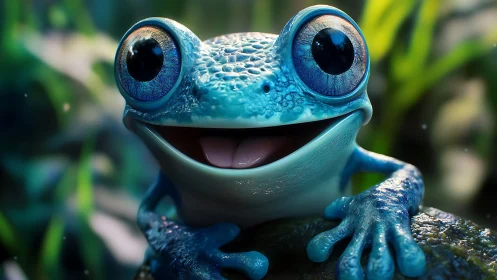 Bright eyed blue frog sharing a joyful forest hello.