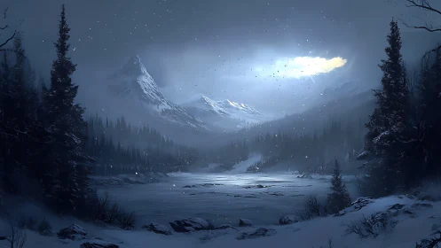 Frozen mountain lake under stormlit winter sky at dusk.