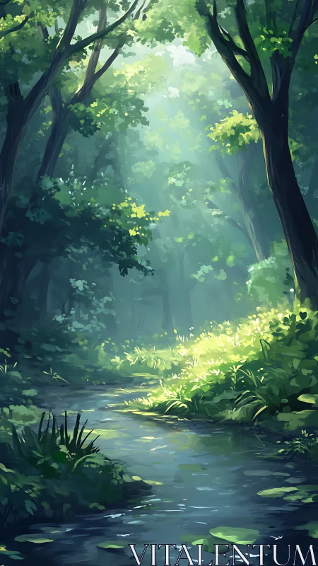Forest Stream in Misty Grove Bathed Golden Sunlight