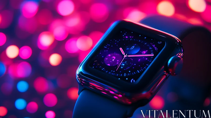 Neon galaxy smartwatch ticking through candy-colored night.
