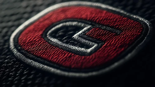Embroidered red badge with metallic G monogram closeup.
