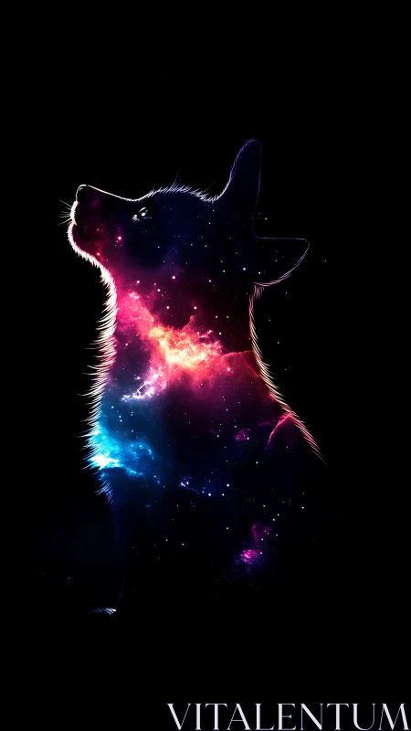 Silhouetted dog profile filled with vivid cosmic nebula.