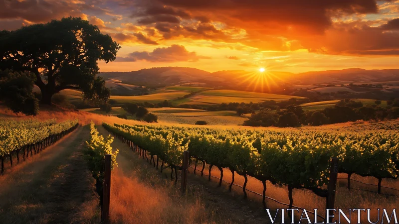 Sunlit hillside vineyard under blazing golden sunset sky.