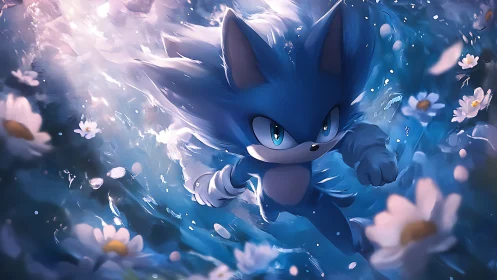 Blue anthropomorphic hedgehog sprints through glowing petals