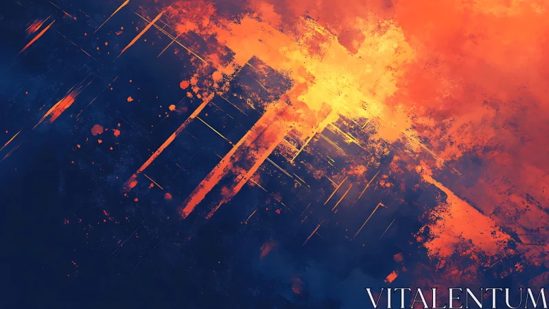 Digital painting of radiant orange fractures over deep blue field.