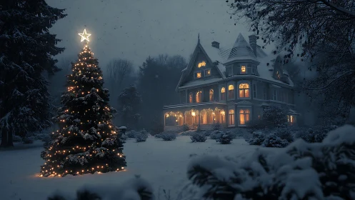 Snow-covered Victorian house with illuminated outdoor tree at night.