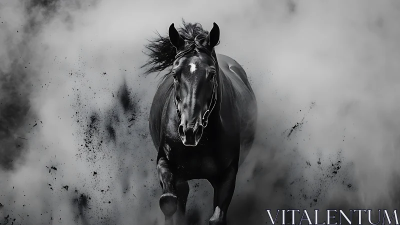 Midnight horse charging through swirling silver mist.