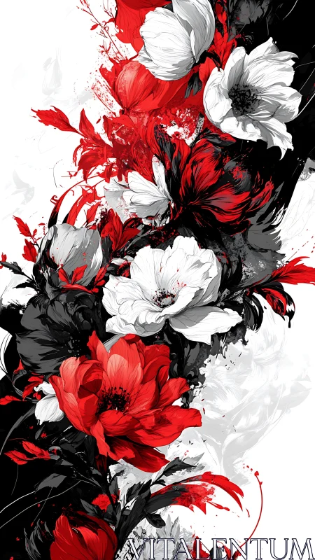 Red and white flower composition with high-contrast ink splatter technique