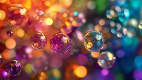 Shimmering rainbow bubbles drifting through soft daylight.