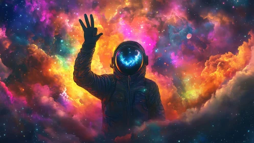 Cosmic astronaut silhouette rises through radiant nebula clouds