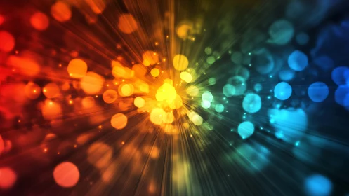 Spectrum light burst radiates vibrant bokeh energy field.