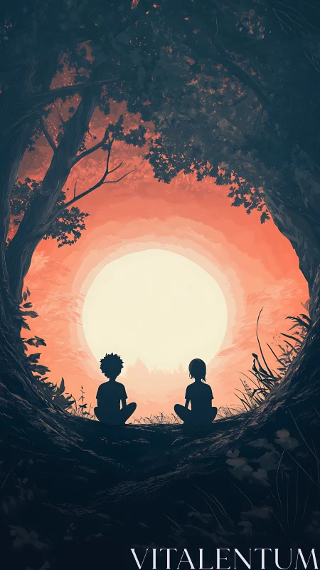 Silhouetted children beneath arboreal portal at sunset glow.