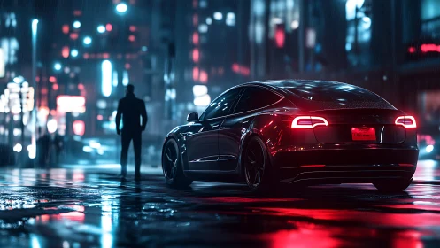 Electric sedan on wet urban street at night in rainfall.