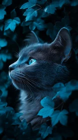 Black cat with luminous blue eyes among glowing foliage.