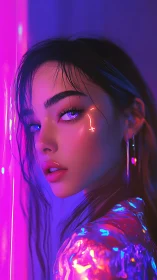 Neon lit cyber muse gazes into glowing futuristic night