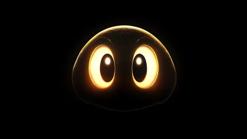 Glowing cartoon eyes illuminate smooth 3D blob in deep black field
