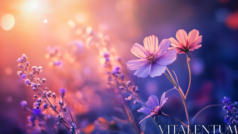 Cosmos wildflowers under glowing sunset bokeh light.